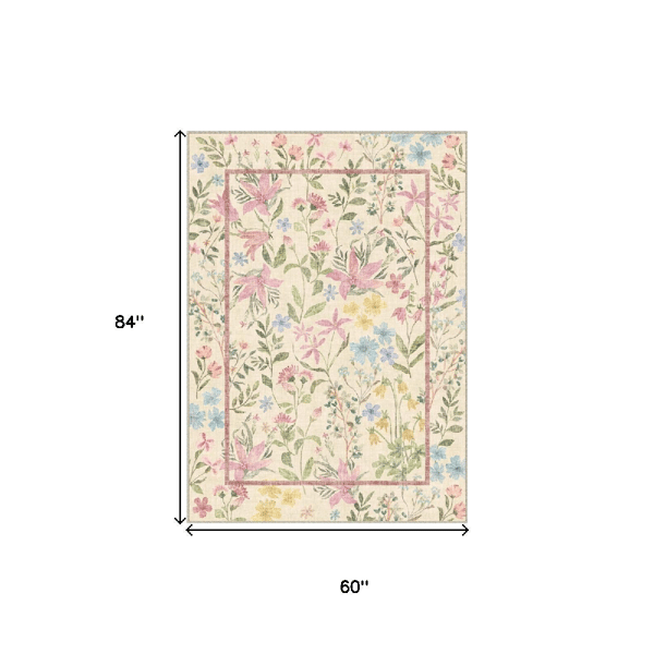 HomeRoots Ivory Pink & Green Floral Washable Area Rug
