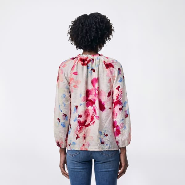 Womens Como Black Long Sleeve Tie Hem Split Neck Floral Blouse