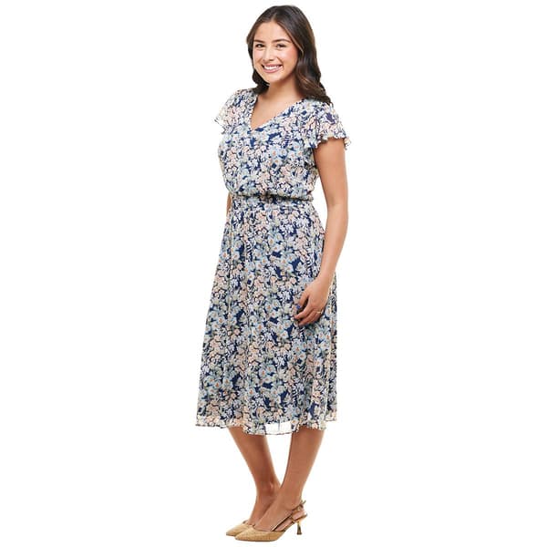 Petite MSK Flutter Sleeve V-Neck Floral Chiffon Midi Dress