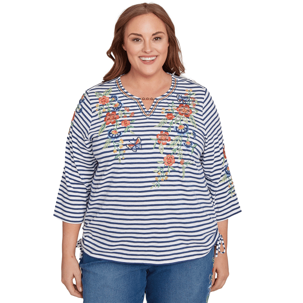 Plus Size Alfred Dunner El Paso Floral Stripe Ruched Sides Top