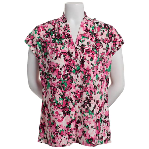 Plus Size Kasper Extend Sleeve Funnel Neck Floral Top-Pink