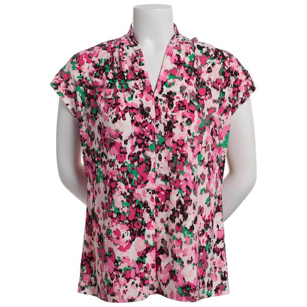 Plus Size Kasper Extend Sleeve Funnel Neck Floral Top-Pink - image 
