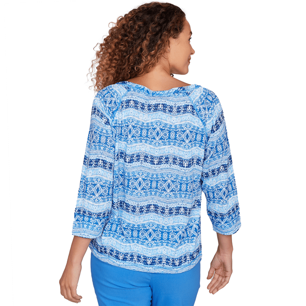 Womens Hearts of Palm Embraceable Blue Geometric Keyhole Blouse