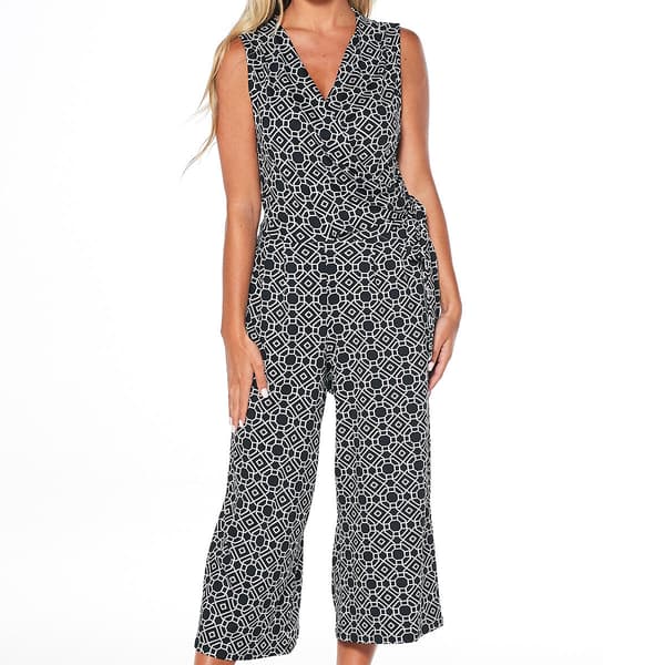 Womens Nina Leonard Sleeveless Geometric Surplice Crop Jumpsuit