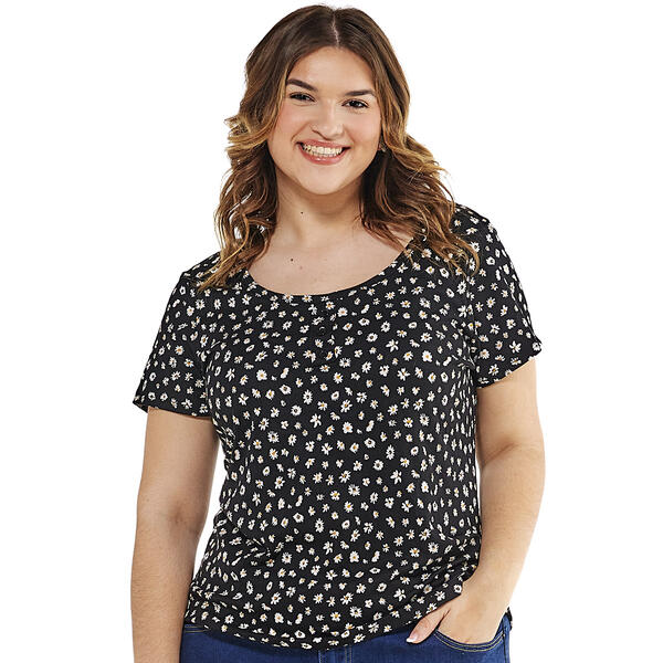 Juniors Plus No Comment Daisy Skies Henley Tee - image 