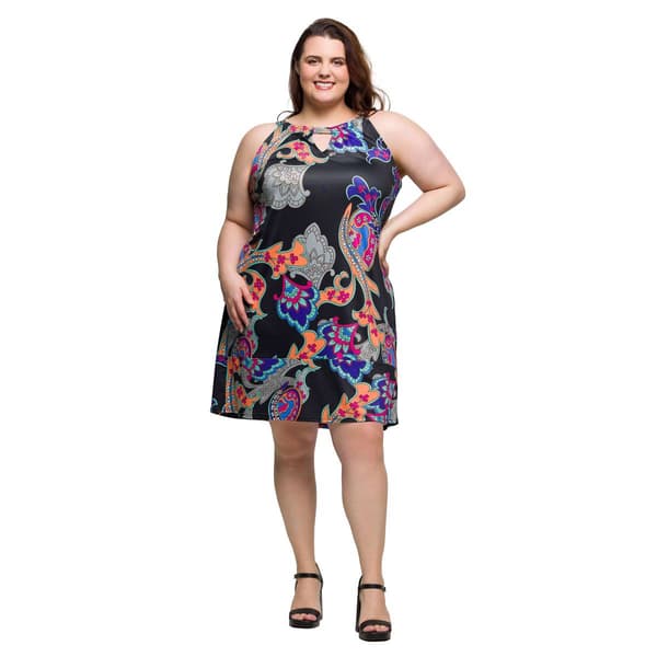Plus Size 24/7 Comfort Apparel Black Paisley Keyhole Dress