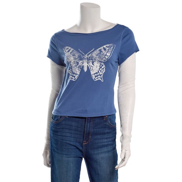 Juniors No Comment Boat Neck Screen Top w/ Lace Sleeves- Blue