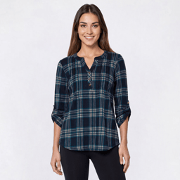 Womens Notations 3/4 Sleeve Plaid Hacci Pleated Blouse