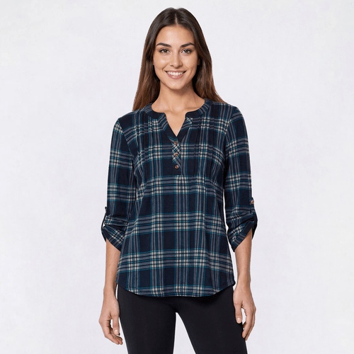 Womens Notations 3/4 Sleeve Plaid Hacci Pleated Blouse