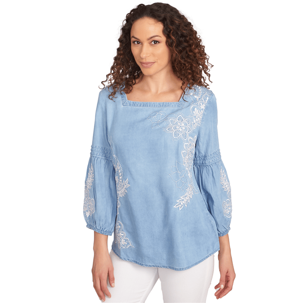 Womens Ruby Rd. Tinted Tides Floral Embroidered Tencel Blouse