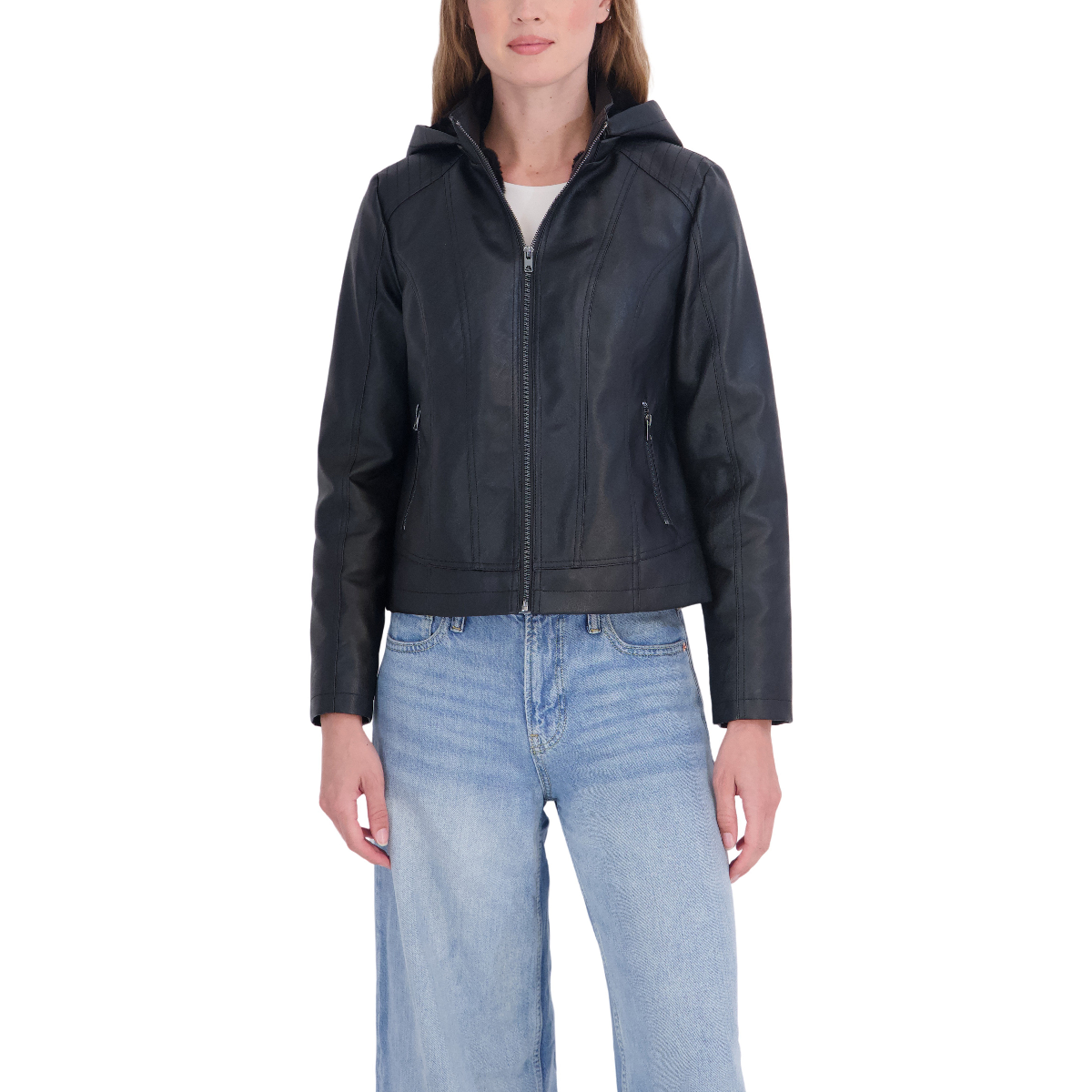 Womens Sebby Faux Leather Hooded Jacket with Faux Fur