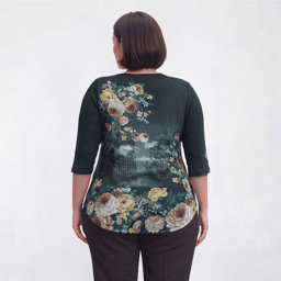 Plus Size OneWorld 3/4 Sleeve Stud Embellished Floral Cat Tee