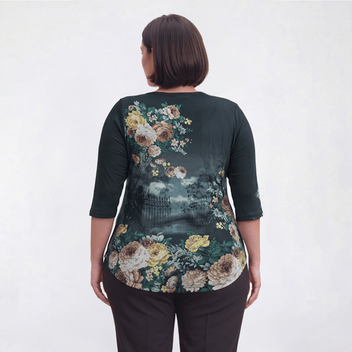 Plus Size OneWorld 3/4 Sleeve Stud Embellished Floral Cat Tee