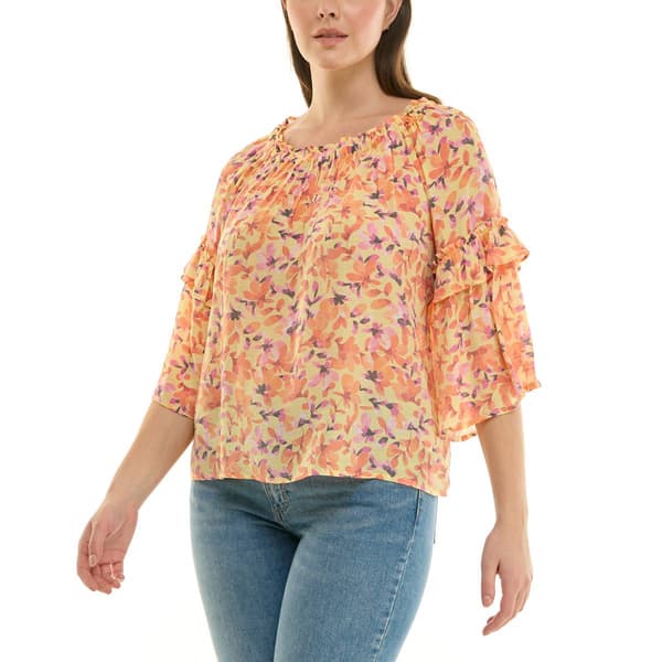 Womens Zac & Rachel 3/4 Ruffle Sleeve Floral Blouse