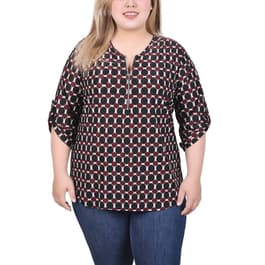 Carole Hochman Plus Size Knit Leaf Print 3/4 Sleeve Square Neck