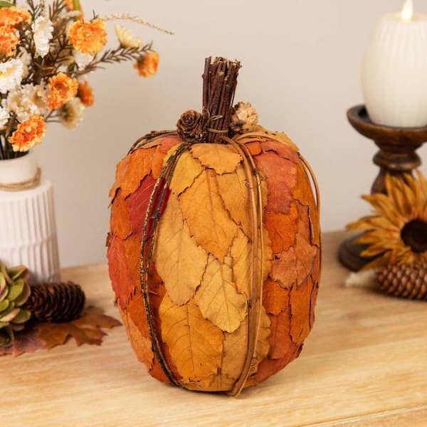 Northlight Fall Harvest Pumpkin with Layered Leaves & Pinecones