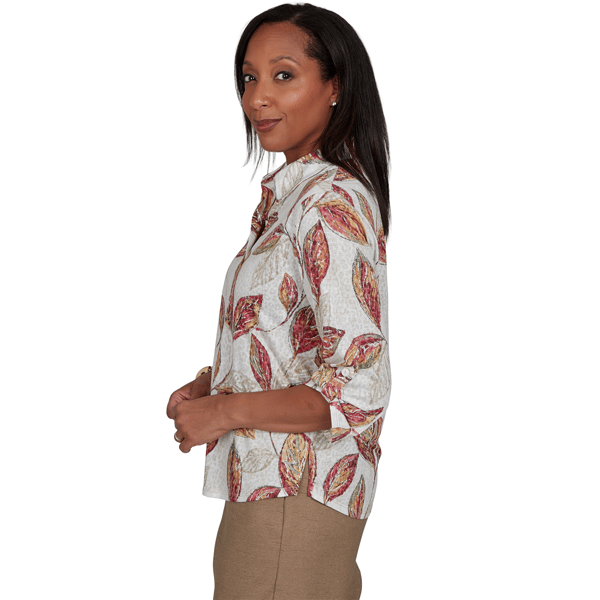 Womens Alfred Dunner Union Square Roll Tab Sleeve Leaf Blouse