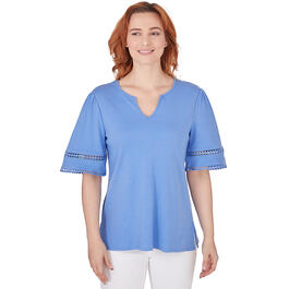 Womens Ruby Rd. Bali Blue Elbow Sleeves Knit Interlock Top