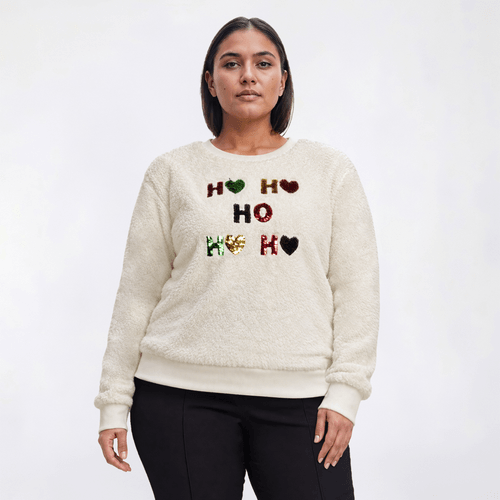 Plus Size Inner Circle Ho Ho Ho Sequin Sherpa Sweatshirt - image 
