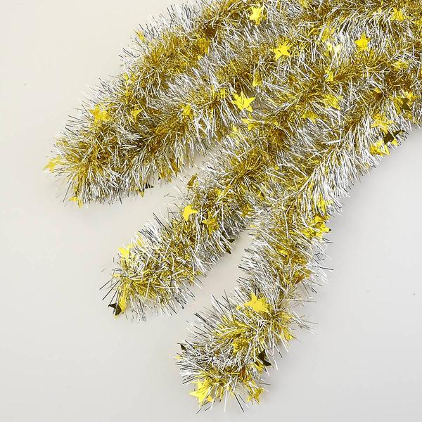 12 Foot Silver Tinsel Garland with Gold Stars - image 