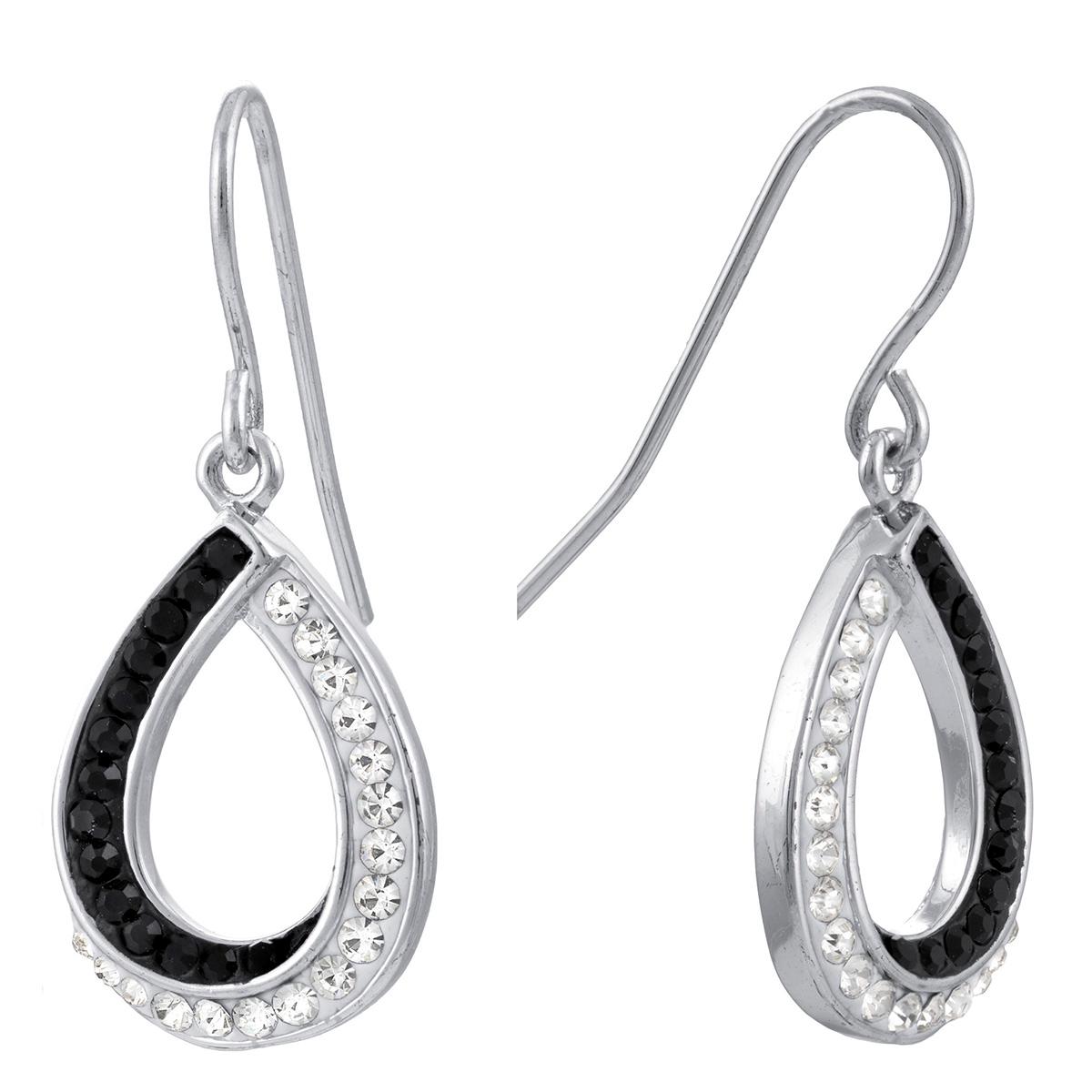 Silver Plated Black and White Crystal Open Teardrop Earrings