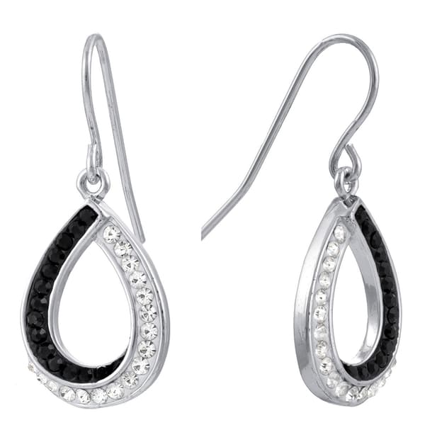 Silver Plated Black and White Crystal Open Teardrop Earrings - image 