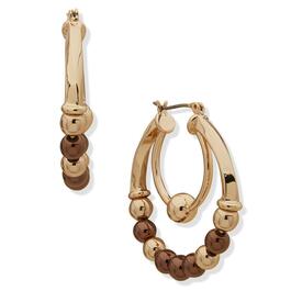 Chaps Gold-Tone & Brown Click-Top Beaded Hoop Earrings