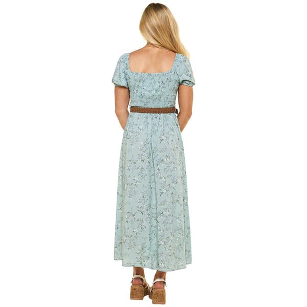 Juniors Wallflower Floral Gauze Smocked Bodice Belted Maxi Dress