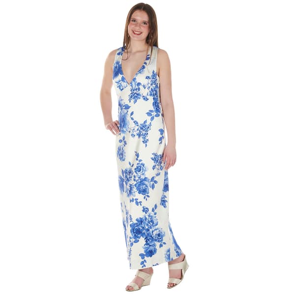 Juniors Crystal Doll Floral Satin V-Neck Midi Dress