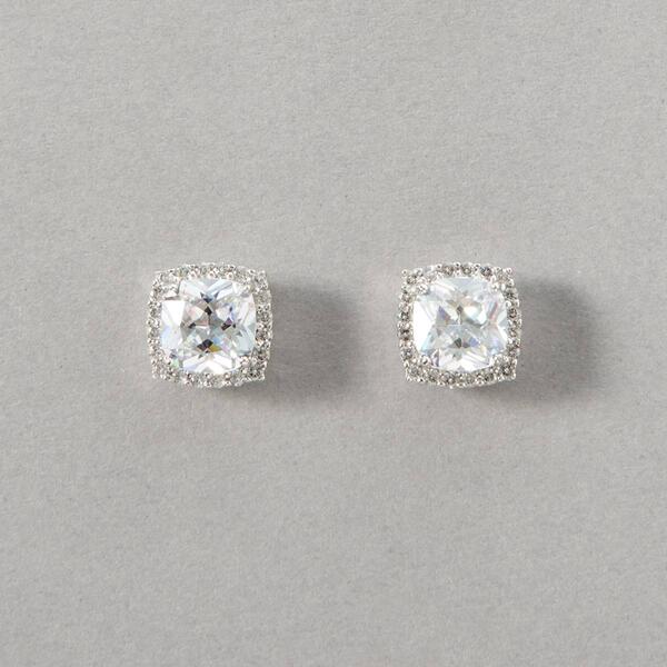 Rhodium Plated Cushion Cubic Zirconia Halo Post Stud Earrings - image 