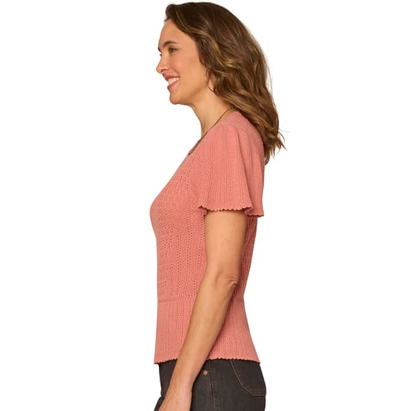 Womens Democracy Short Flounce Sleeve Solid Crochet Sweater