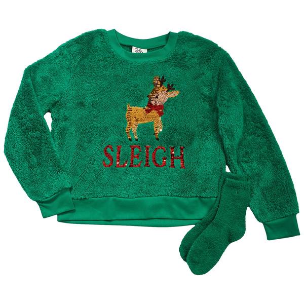 Girls (7-16) Jolie & Joy Reindeer Sleigh Sweatshirt w/ Socks - image 
