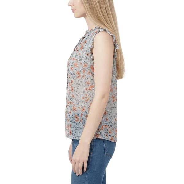 Petite NY Collection Cap Flutter Sleeve Floral Tie Neck Blouse