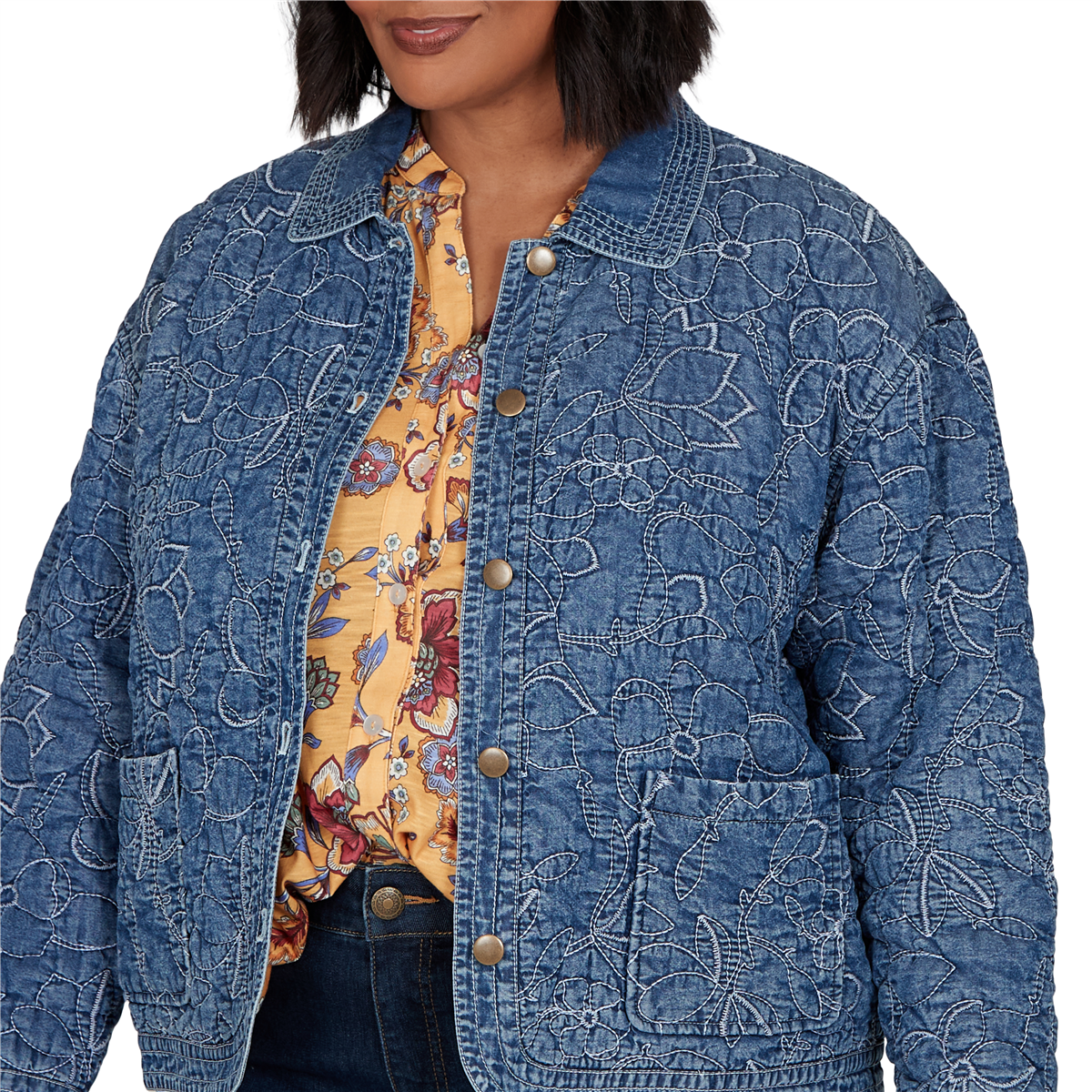 Plus Size Ruby Rd. Game of Luxe Quilted Floral Denim Jacket