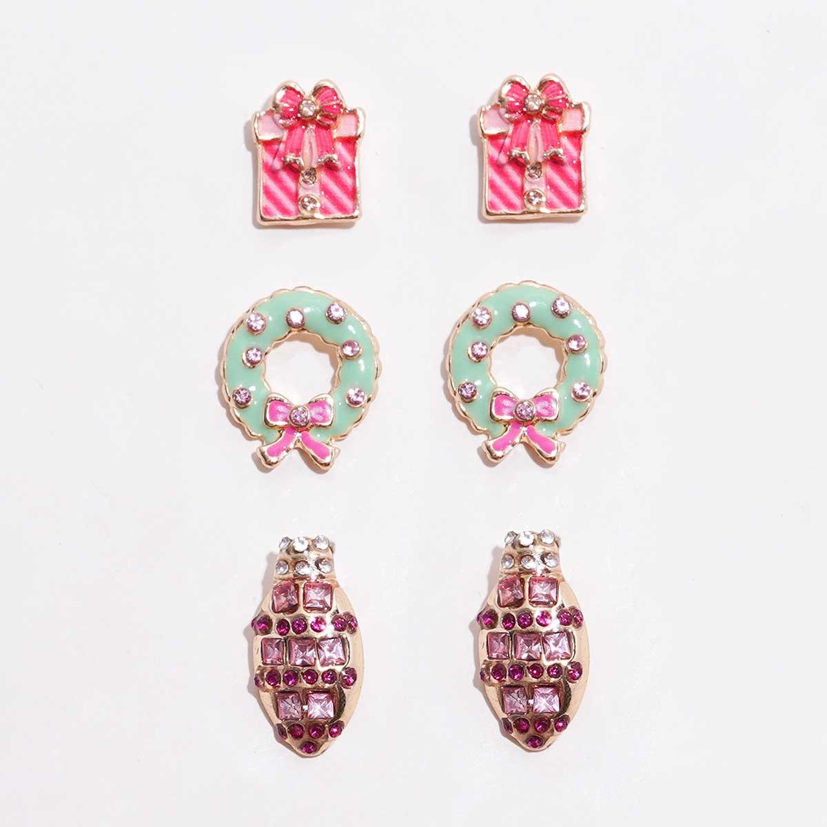 3pr. Christmas Light/Present/Wreath Stud Earring Set