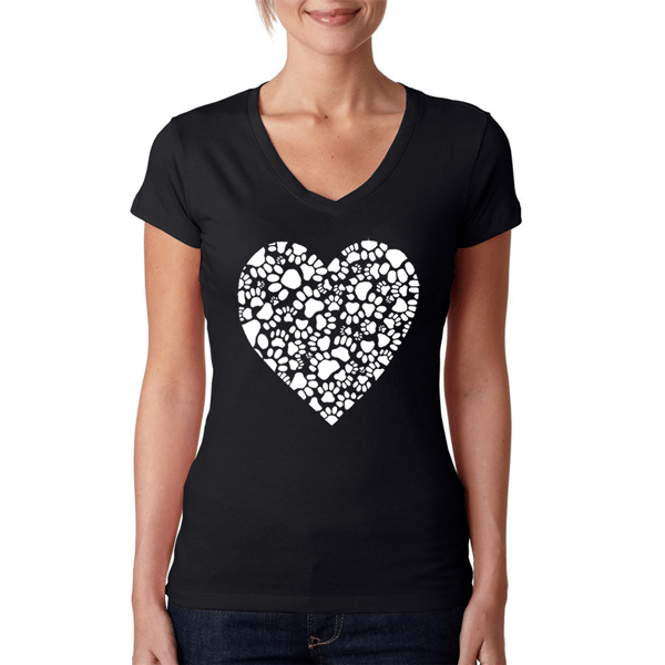 Womens LA Pop Art Heart Paw Prints Word Art V-Neck Tee - image 