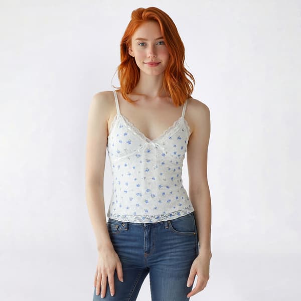 Juniors Pink Rose Stretch Floral Camisole with Lace Trim and Bow - image 