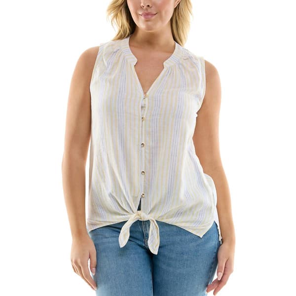 Womens Zac & Rachel Sleeveless Stripe Tie Hem Button Down Blouse - image 
