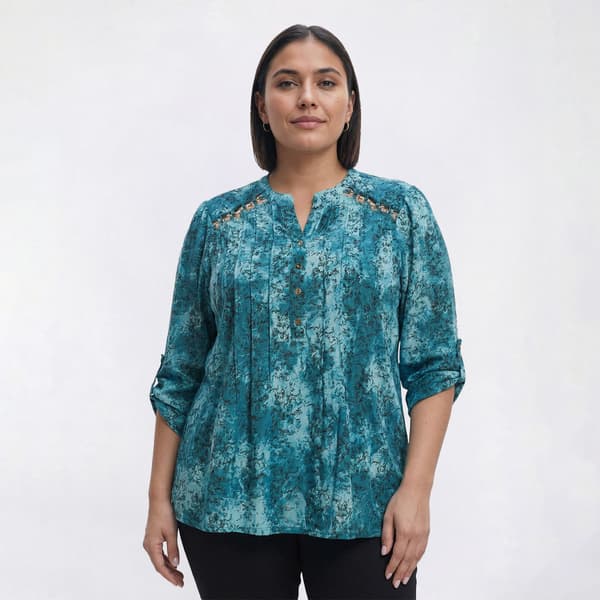 Plus Size Notations 3/4 Sleeve Chain Pleat Henley Jacquard Blouse - image 