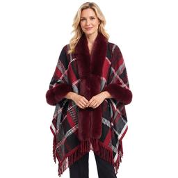 Womens Ali Miles Long Sleeve Fur Trim Cuff Plaid Open Fringe Hem