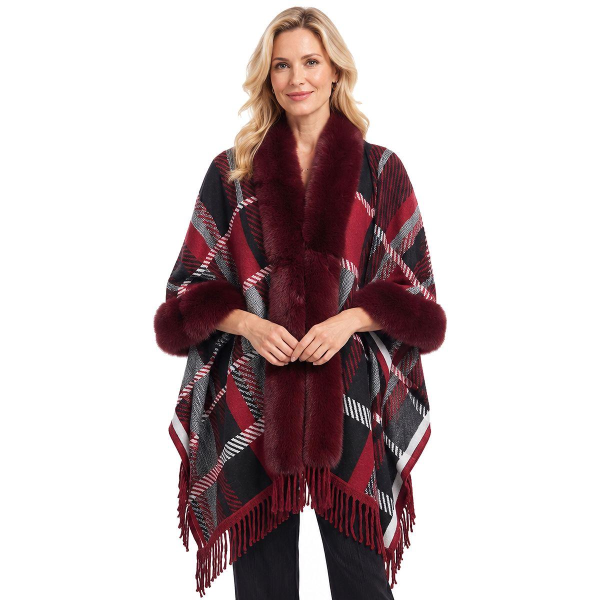 Womens Ali Miles Long Sleeve Fur Trim Cuff Plaid Open Fringe Hem