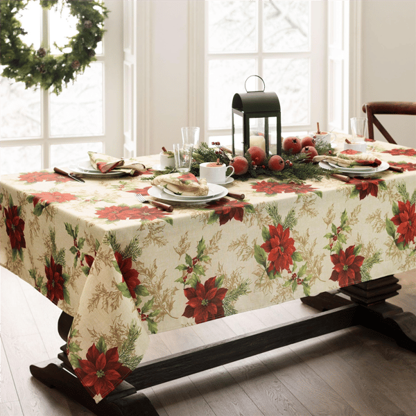 Threadmade Festive Poinsettia Holiday Fabric Tablecloth