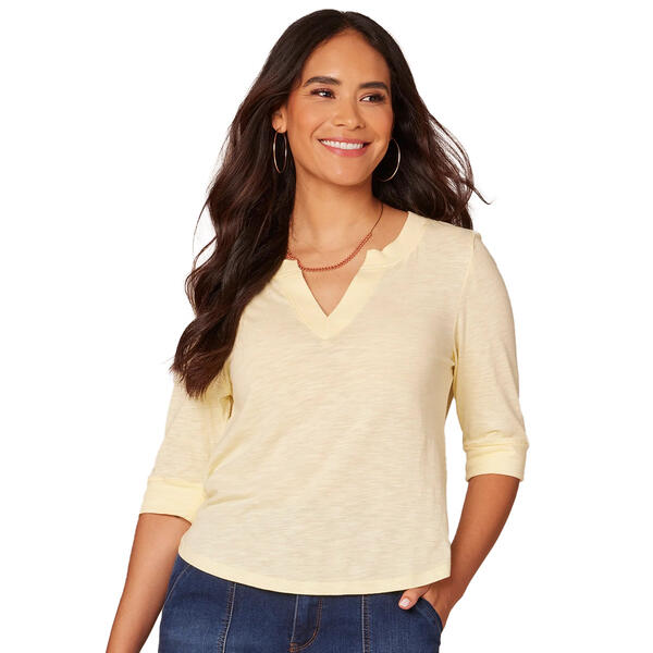 Womens Democracy Elbow Sleeve Split Neck Shirttail Hem Top - image 