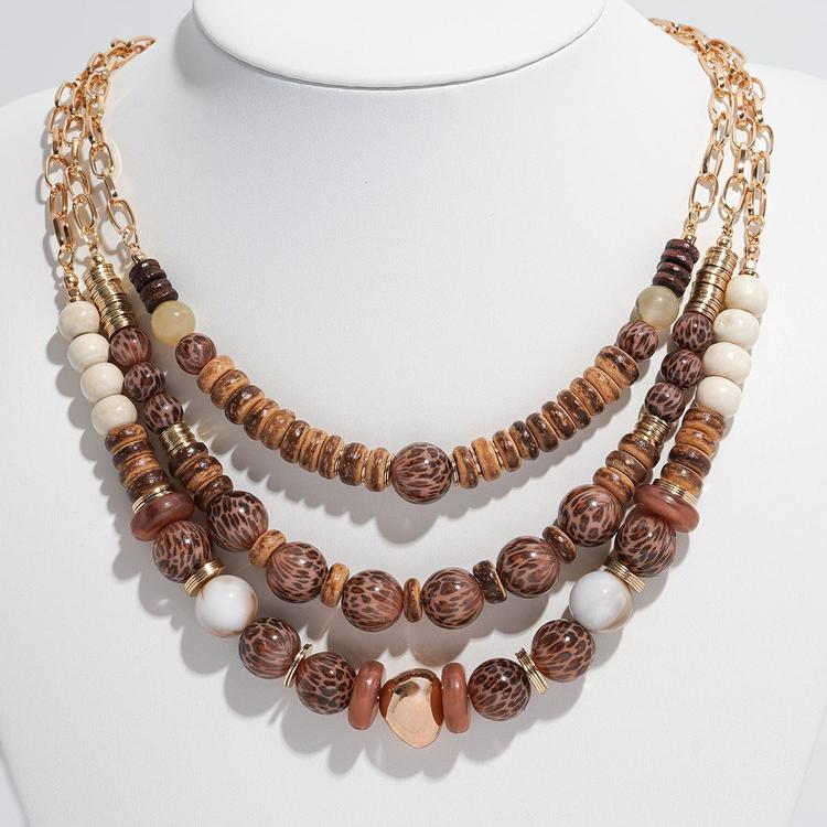 Ashley Cooper(tm) 3-Row Leopard & Wood Beads Layered Necklace
