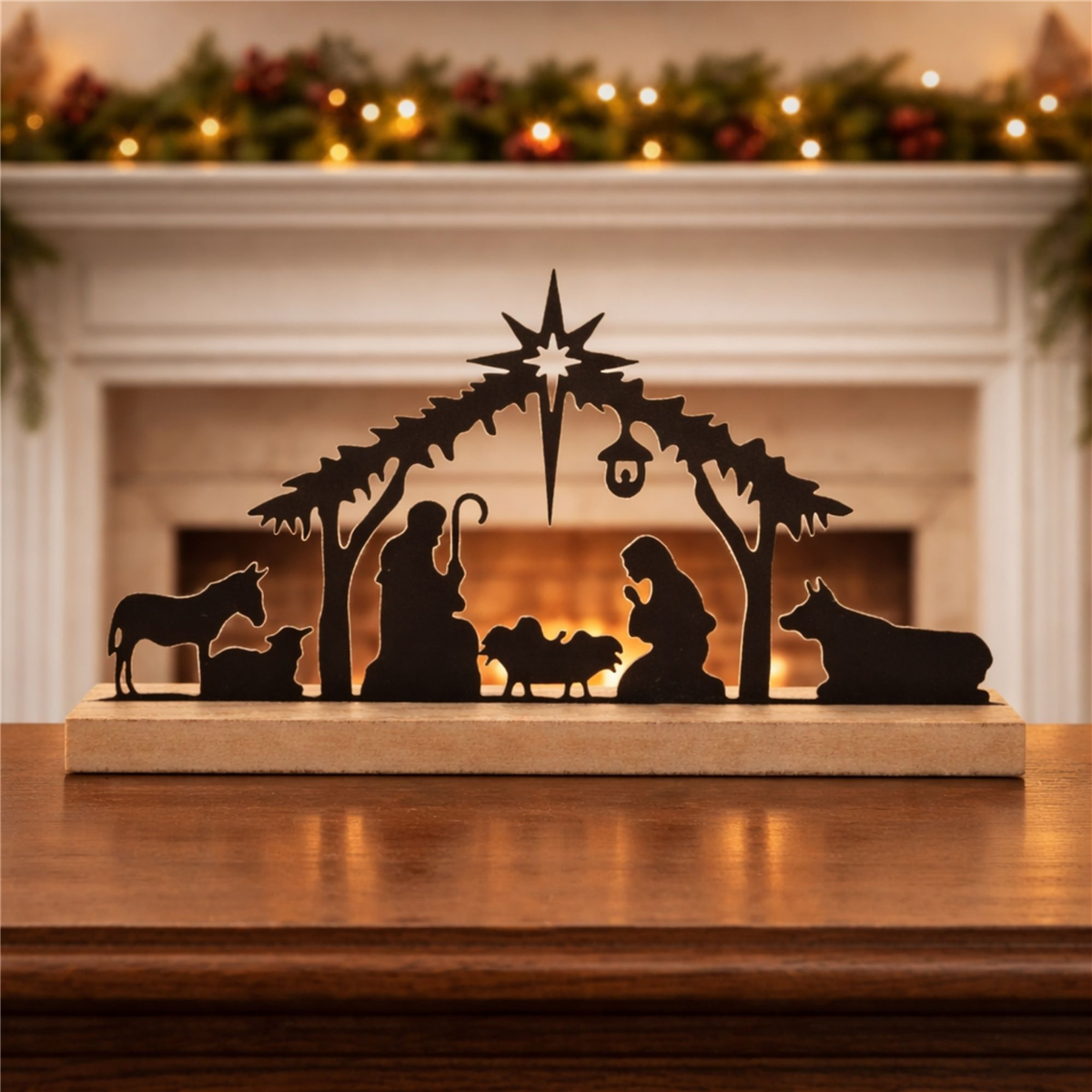 Melrose 11.75in. Metal Nativity Silhouette with Wood Base