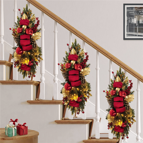 Puleo International Pre-Lit Adorned Gold & Red Banister Swag