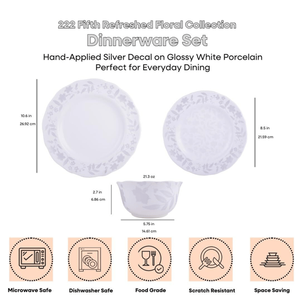 222 Fifth Refreshed Floral White Porcelain 12pc. Dinnerware Set