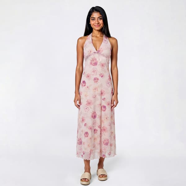 Juniors Pink Rose Floral Mesh Empire Waist Halter Midi Dress-Rose