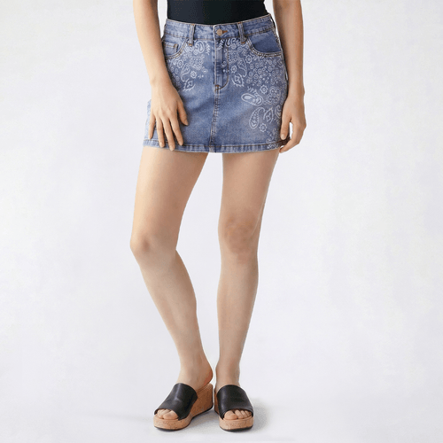 Juniors No Comment Denim Skirt w/ Placement Applique - Baby Blue - image 