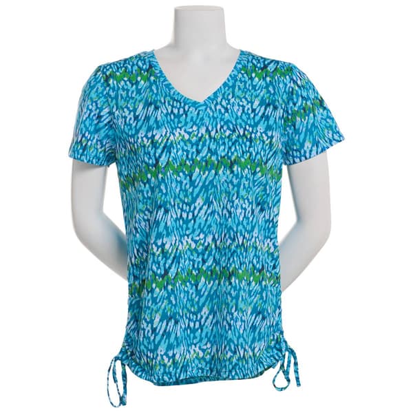 Womens Kiwi Fresh Short Sleeve V-Neck Side Ruched Abstract Tee